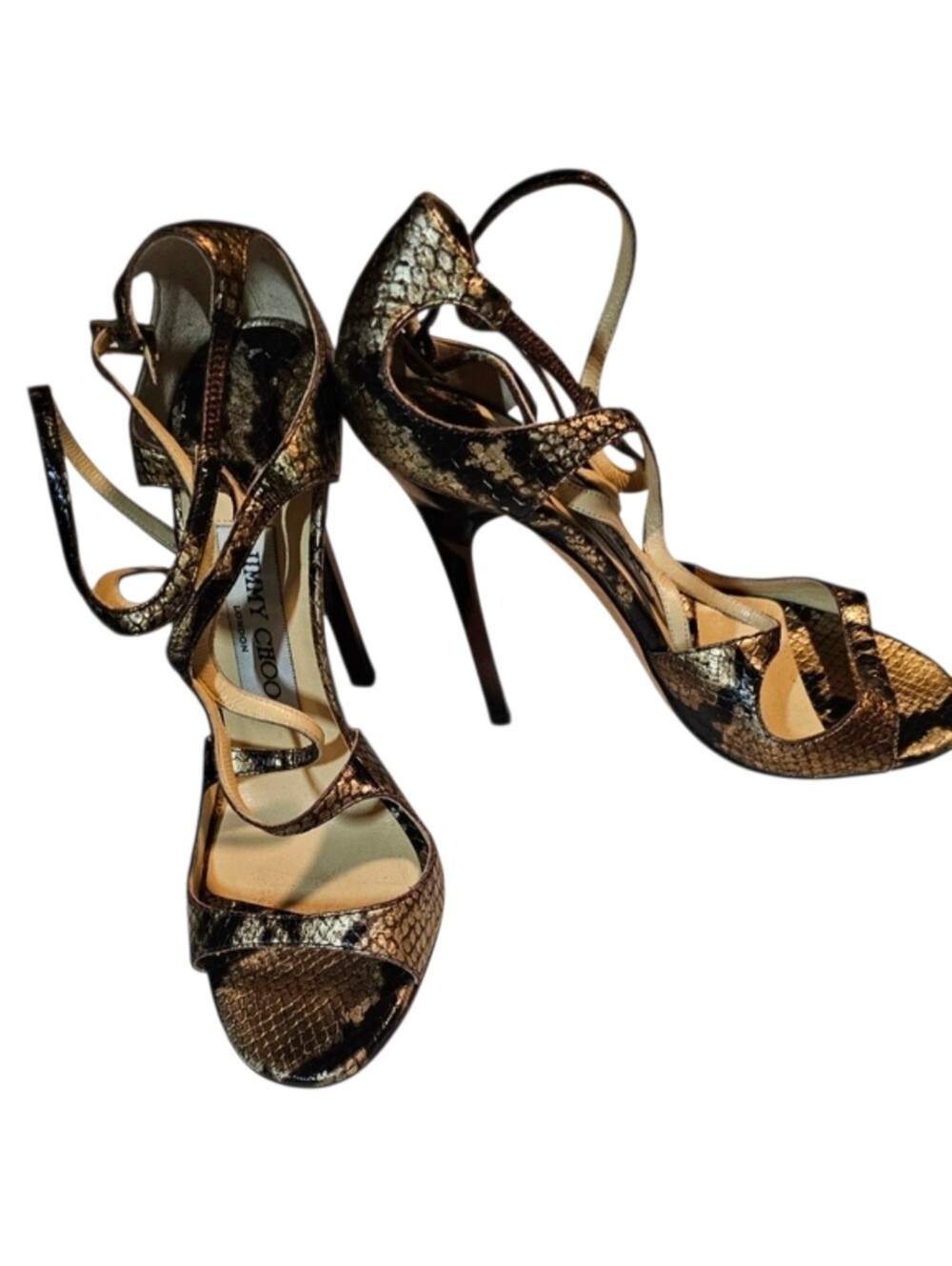 ​Jimmy Choo Lance Metallic Gold Snakeskin Strappy Sandal Heels IT 36 US 6